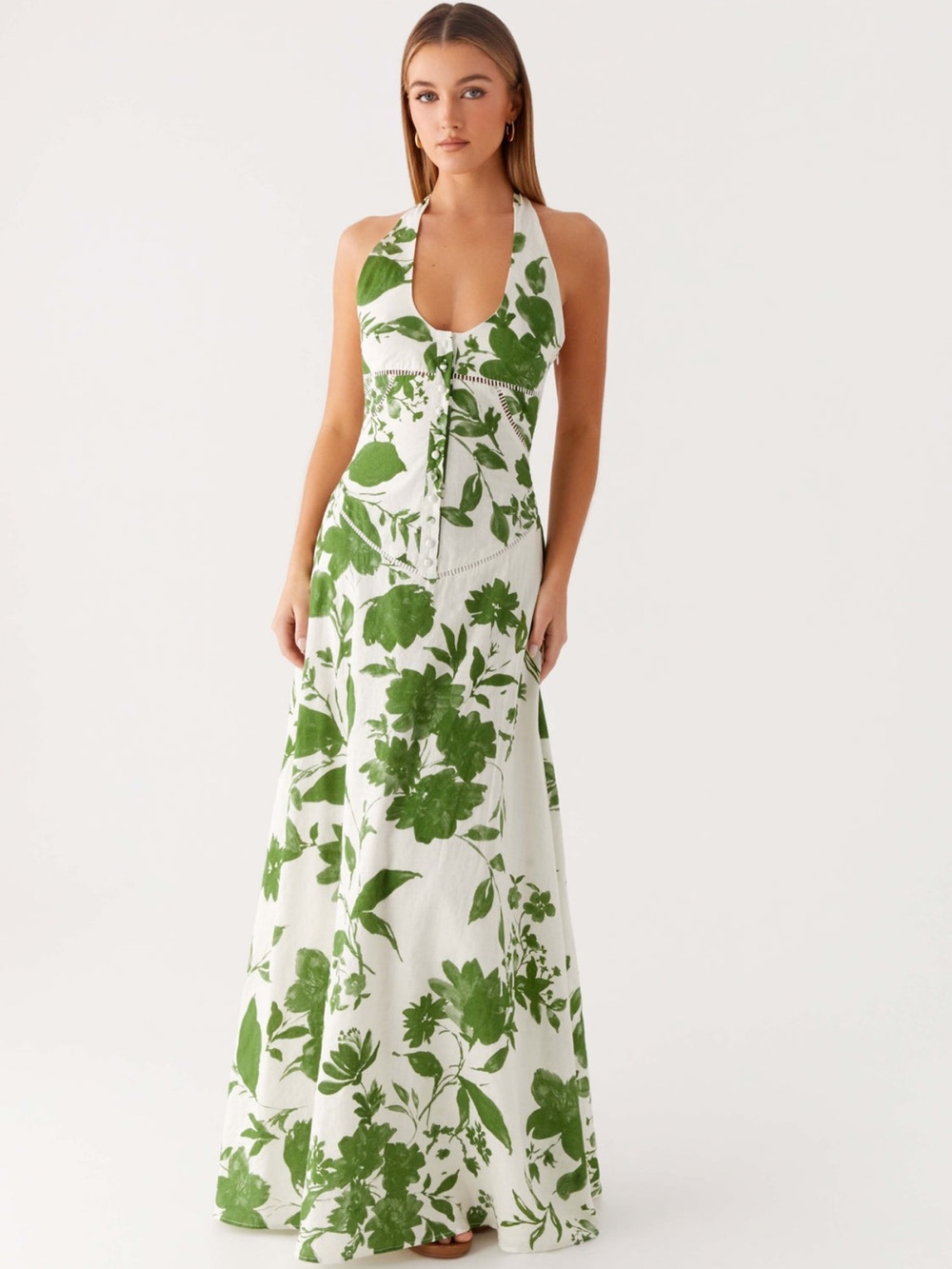 Peppermayo Green Floral Halter Maxi Dress - White & Green - Picture 4 of 13